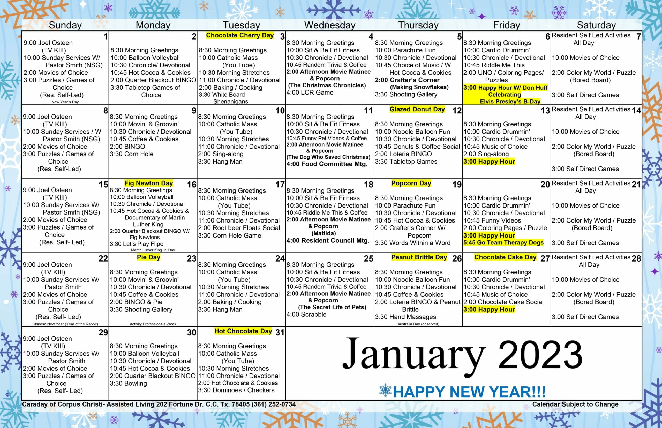 Activity Calendar January 2023