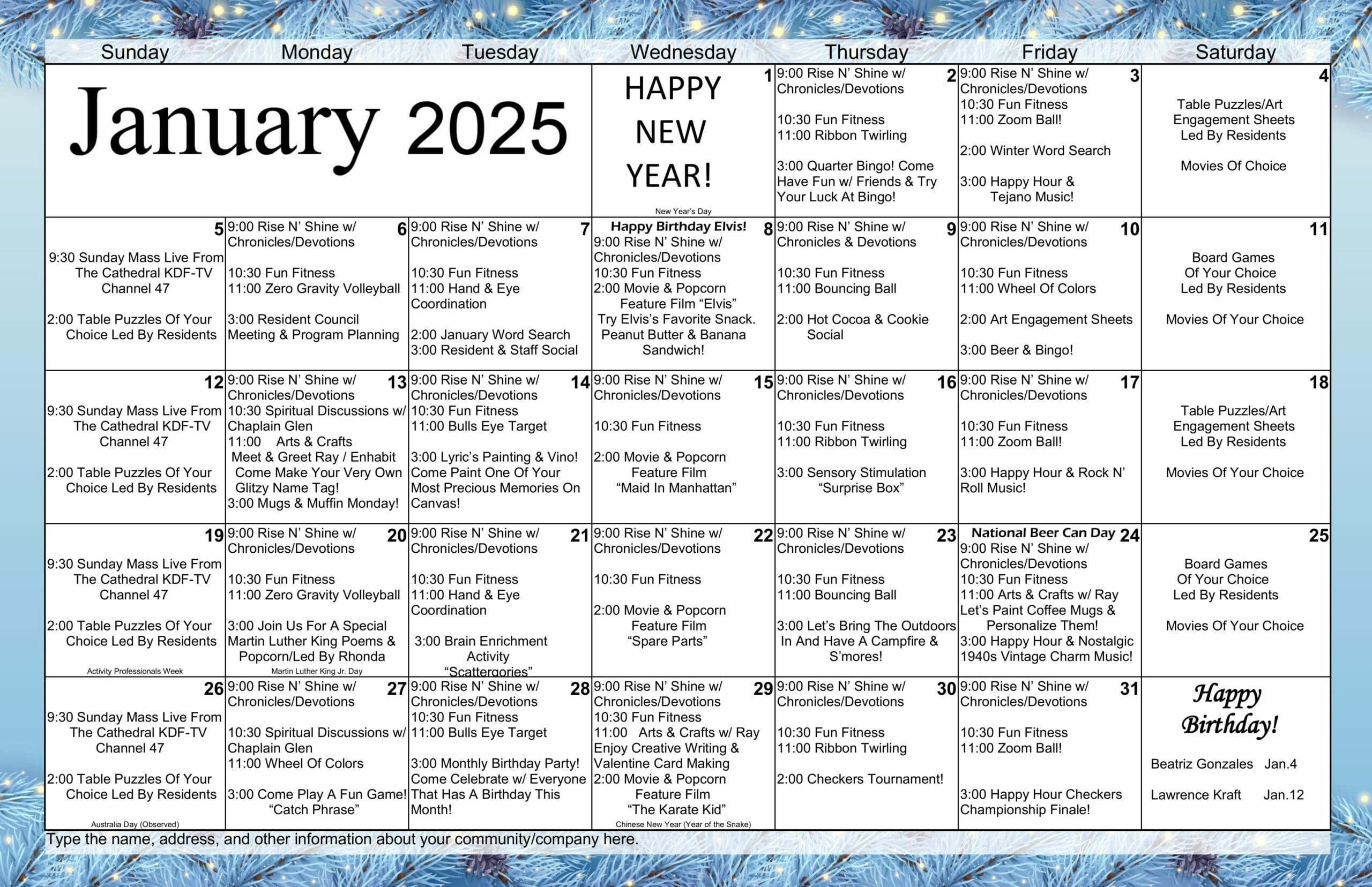 Activity Calendar January 2025